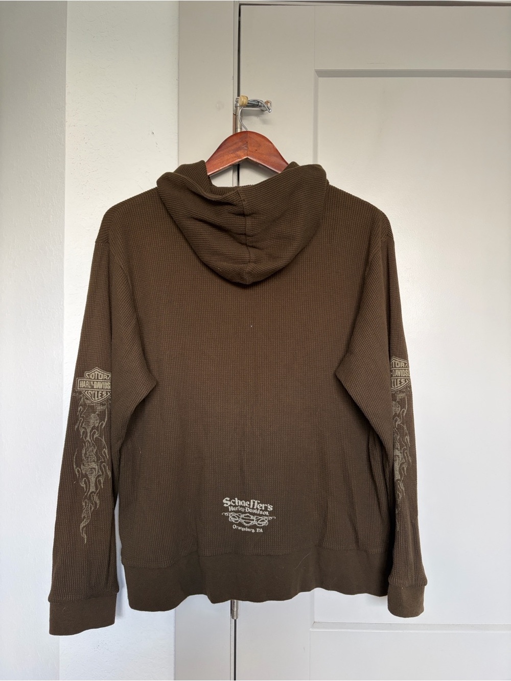 VINTAGE Y2K HARLEY-DAVIDSON WAFFLE KNIT ZIP-UP HOODIE OLIVE GREEN WOMEN’S XL - Picture 2 of 7